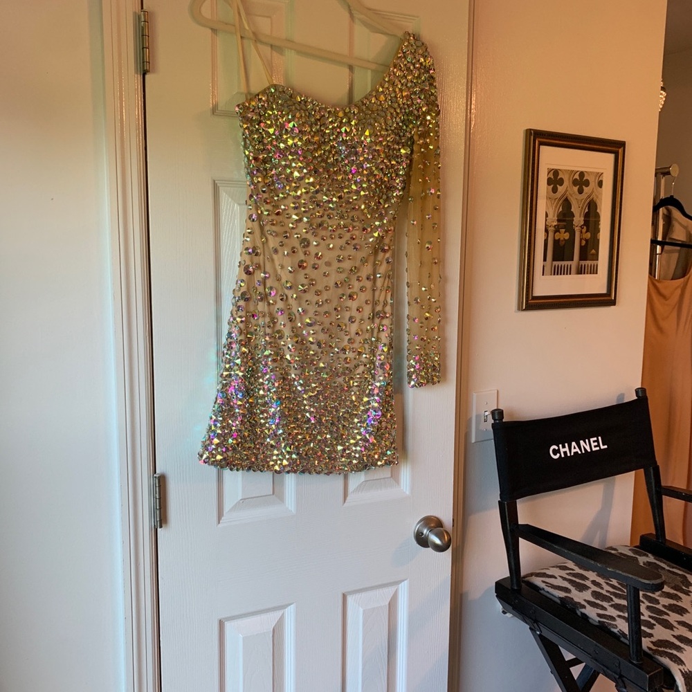 Angela & Alison one shoulder mini dress with rhinestones Size 4.
